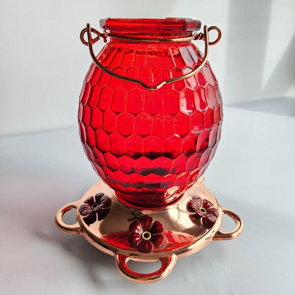 Hummingbird Feeder Red Honeycomb Design Rose Gold Base Dark Red Flower Holes - Picture 2 of 9